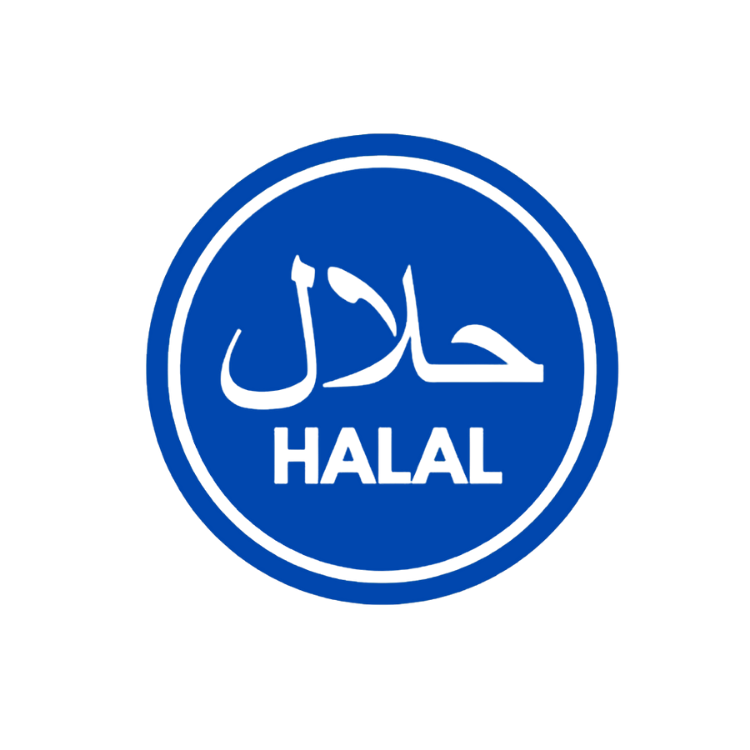 Blue circle with 'HALAL' text in both Arabic and English on a white background